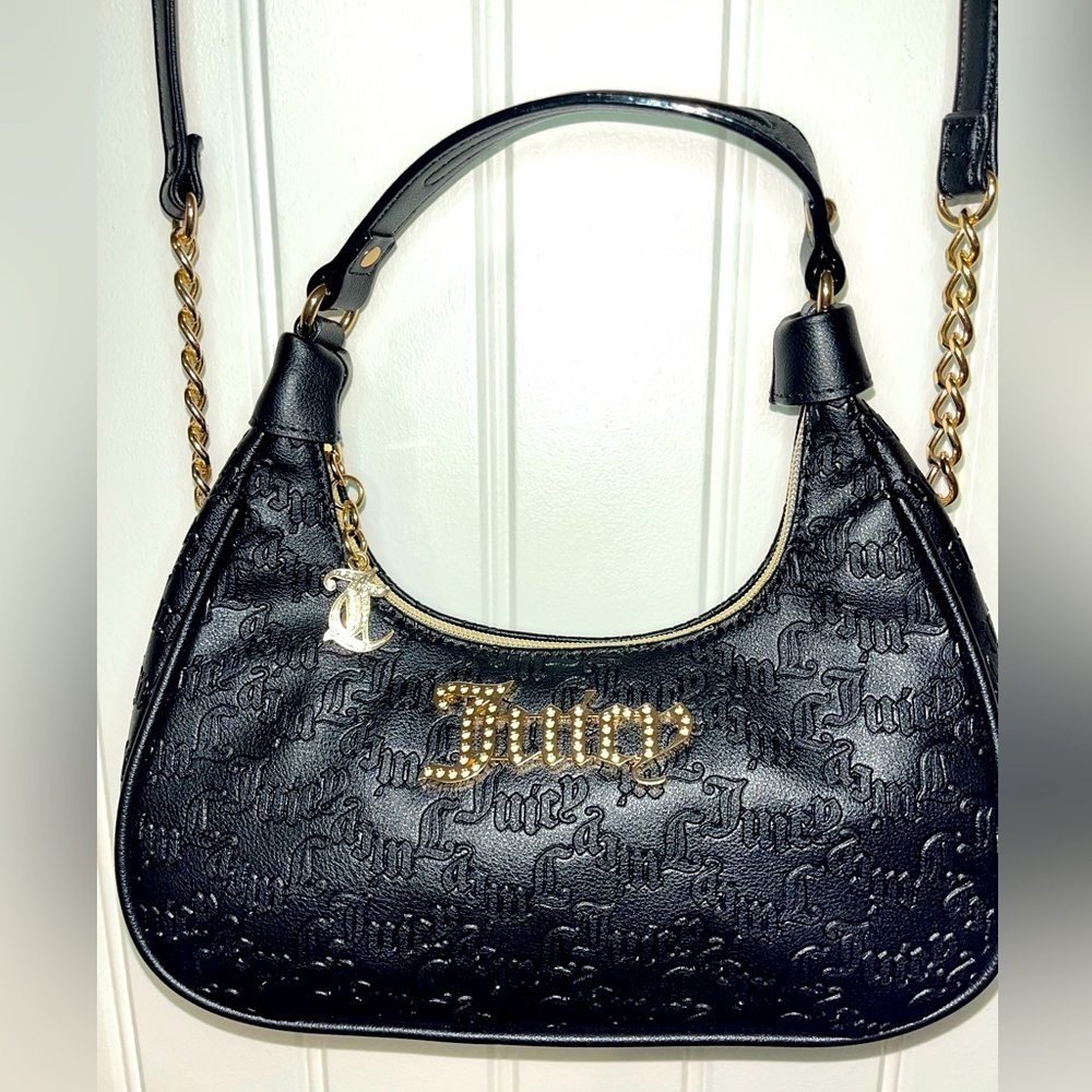 Juicy Couture Heartless Shoulder Bag w/ Chain Black and embossed